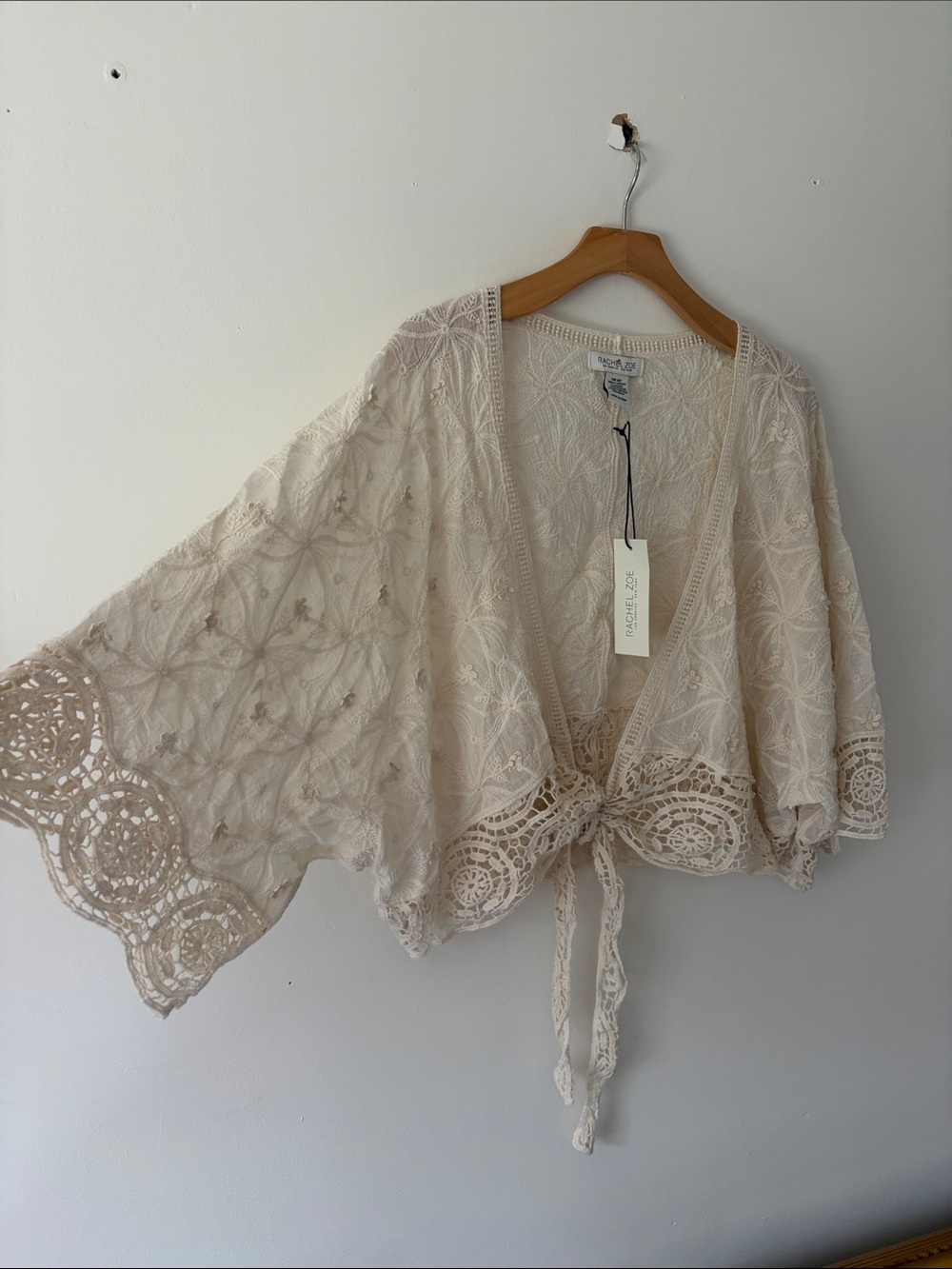 NWT Rachel Zoe Cream Lace Tie-Front Crochet Cardigan One Size
